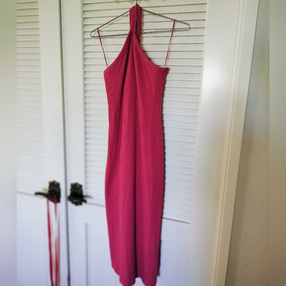 Old Navy Women's Pink Ribbed Halter Dress Side Slit Pink Size Medium